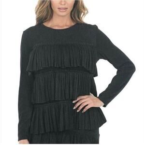 CQBYCQ Shimmering Black Tiered Ruffle Long Sleeve Top Large